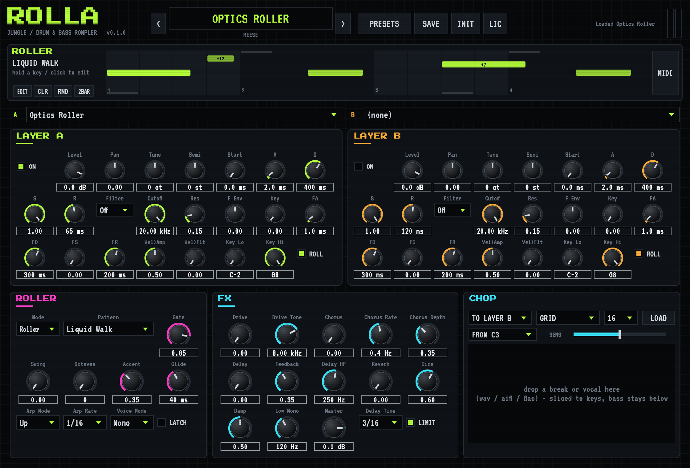 ROLLA instrument showing the editable roller pattern and sound controls